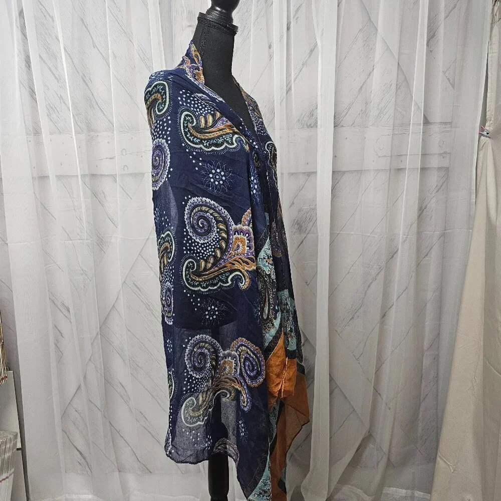 Unbranded Blue Orange Paisley Semi-Sheer Fringed Boho Scarf Shawl